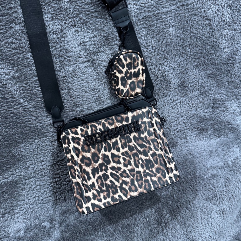 Steve Madden Leopard Print Crossbody Bag with Detachable Coin Pouch Brown Black